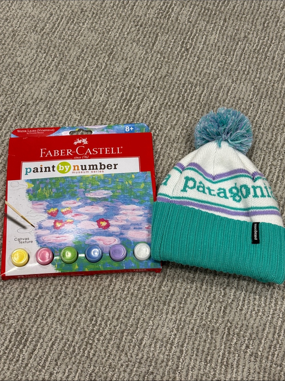 Patagonia Teal, White & Purple Pom Beanie with Faber Castell Pain By Number
